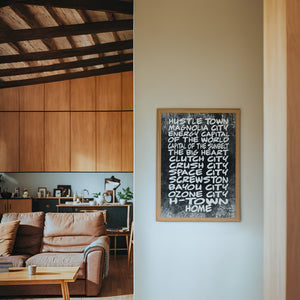 Houston Nicknames Houston art print by Betsy Crum — framed in a wood-accent room