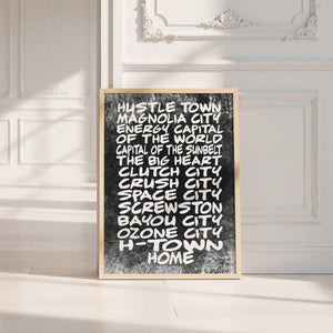 Houston Nicknames Houston art print by Betsy Crum — neutral frame room mockup