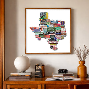 Houston Art Print - Texas Shaped Vintage Signs and Landmarks | Betsy Crum
