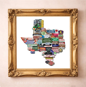 Houston Art Print - Texas Shaped Vintage Signs and Landmarks | Betsy Crum