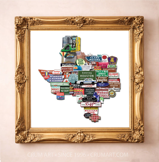 Houston Art Print - Texas Shaped Vintage Signs and Landmarks | Betsy Crum