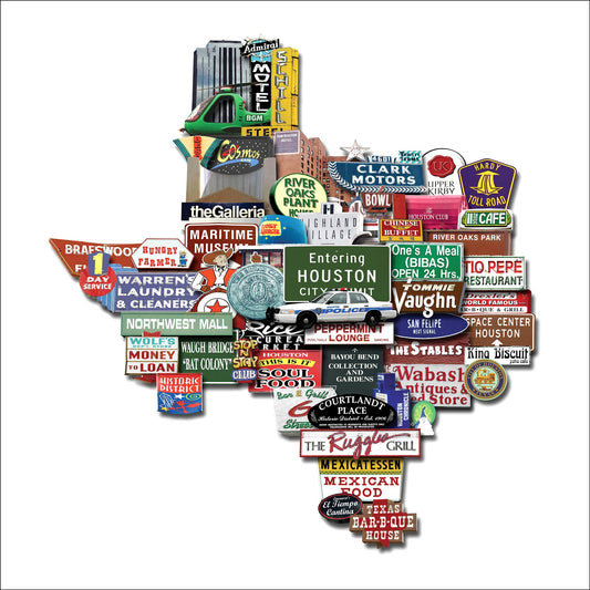 Houston Texas Shaped Photomontage Print | Old Neon, Signs and Landmarks | Texas Icons | Carl Crum Art Crum Art
