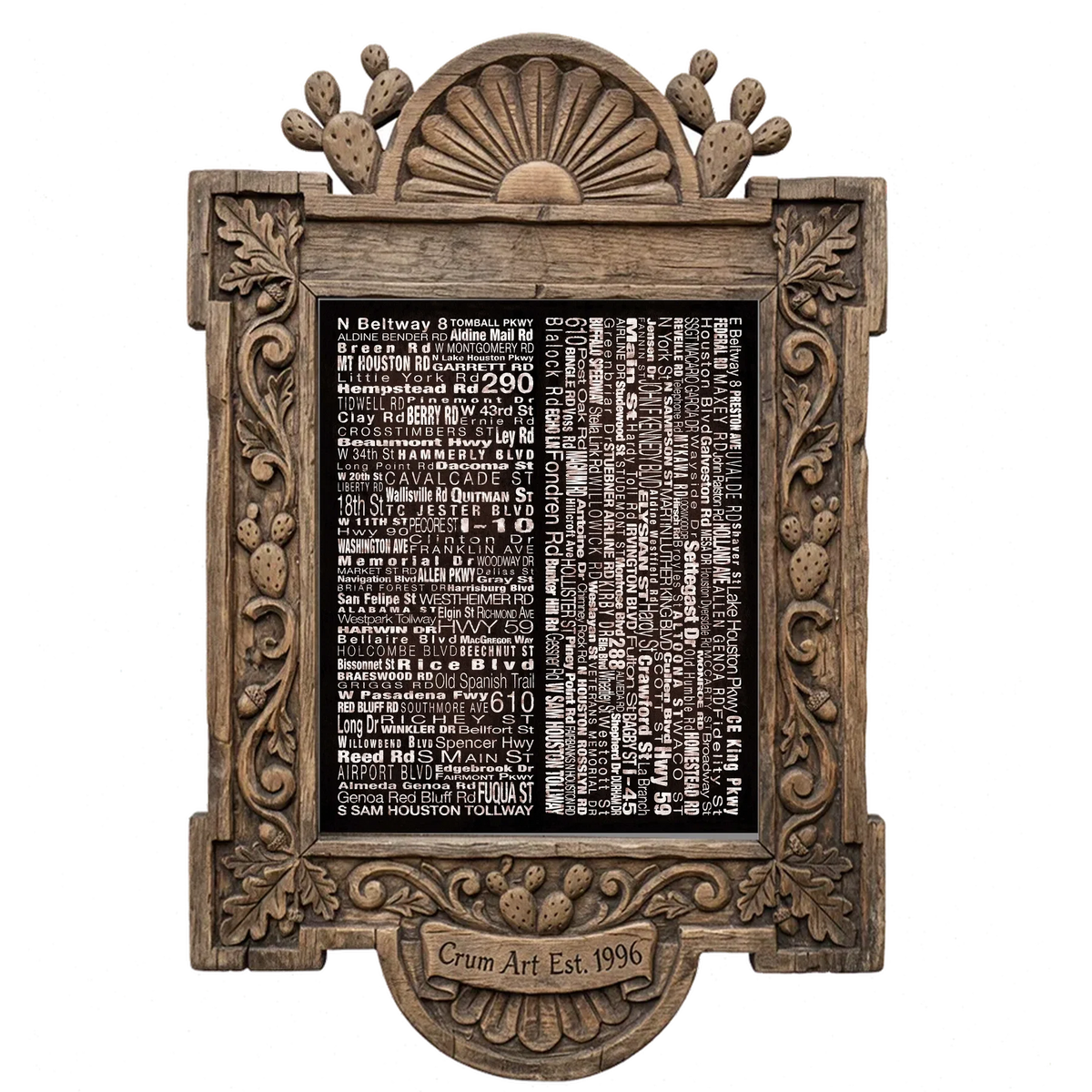 Streets NSEW — Houston art print by Carl Crum in a carved wood frame