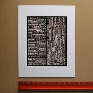 Houston Streets NSEW typography print by Carl Crum, hand-signed vertical print