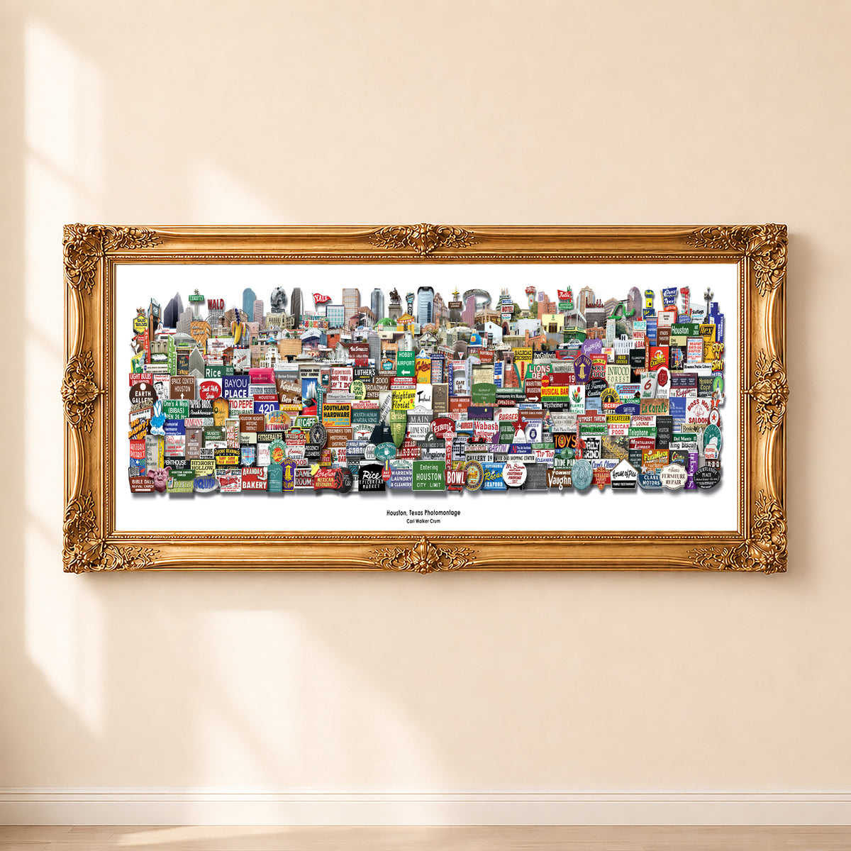 Houston roadside photomontage art print by Carl Crum in a gold frame