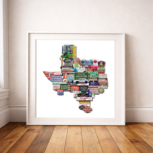 Houston Art Print - Texas Shaped Vintage Signs and Landmarks | Betsy Crum