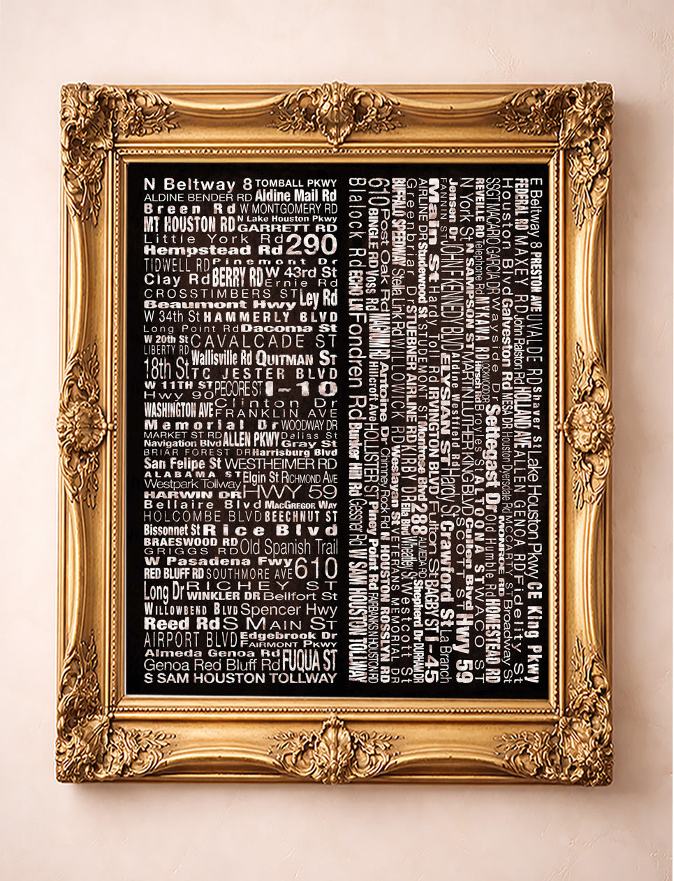 Houston Streets NSEW art print by Carl Crum shown in a gold frame