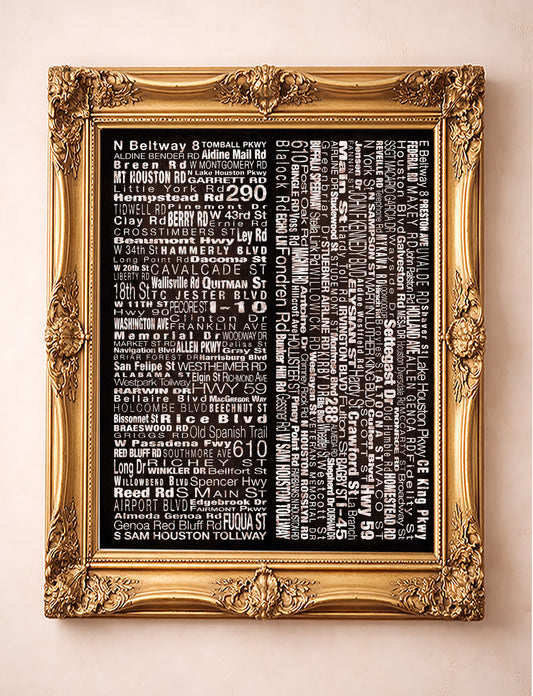 Houston Streets NSEW art print by Carl Crum shown in a gold frame