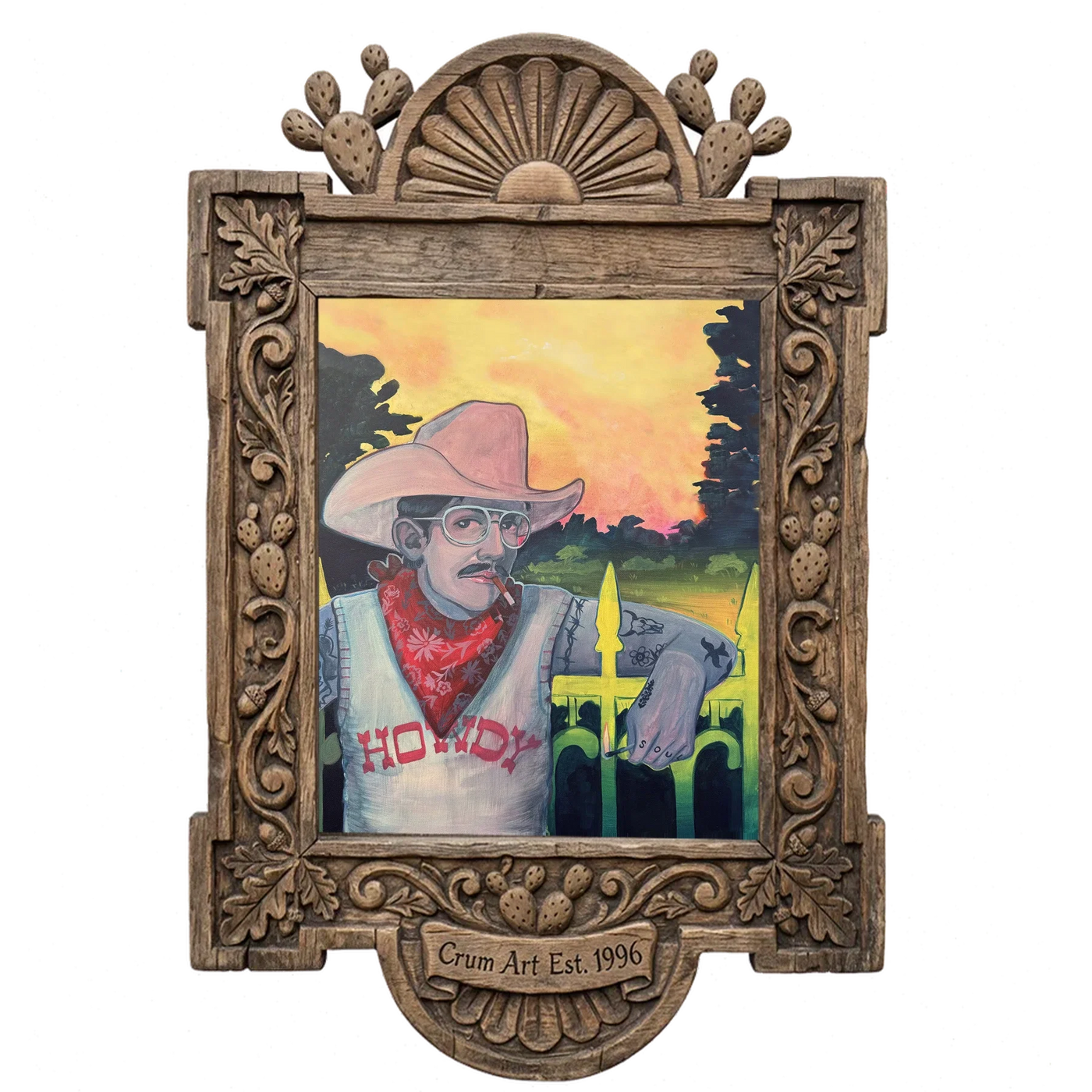 Howdy Rowdy — cowboy art print by Caya Crum in a carved wood frame
