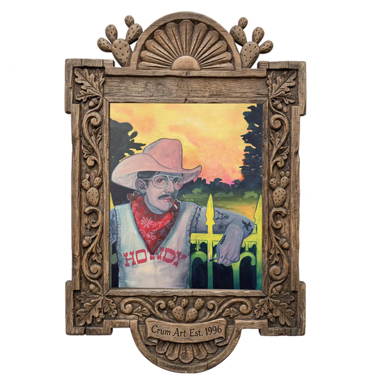 Howdy Rowdy — cowboy art print by Caya Crum in a carved wood frame
