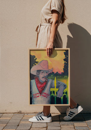 Howdy Rowdy cowboy art print by Caya Crum — framed with velvet mat
