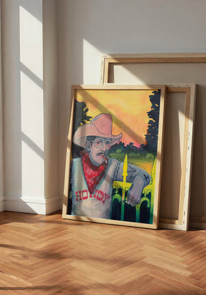 Howdy Rowdy cowboy art print by Caya Crum — neutral frame room mockup