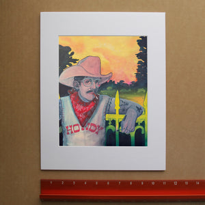 Howdy Rowdy print — smoking cowboy with tattoos and a HOWDY shirt under a Marfa sunset, cowboy gothic art by Caya Crum
