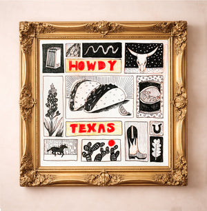 Howdy Texas Icons art print by Caya Crum with bluebonnets, tacos, cowboy boots, cactus, Dr Pepper, and longhorn skull in ornate gold frame
