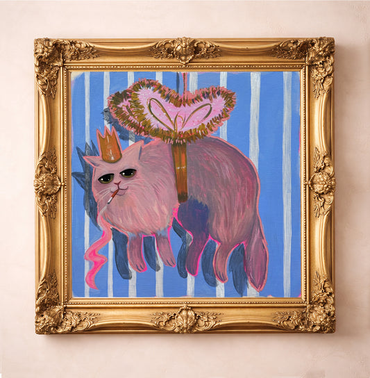 Cat Art Print by Caya Crum.  This print is of a pink cat on blue wallpaper, the cat is dangling and is wearing wings and a crown.  Mischevious and iconic Smoking Cat Art Print by Caya Crum.  Fluffy cat art print embodies the kind of slightly unwell, over-it, iconic cat energy that makes this signed art print impossible to forget.  Multiple sizes up to 24x24" fits into standard size frame.  This fine art print is made right here in Texas and signed by the artist. 