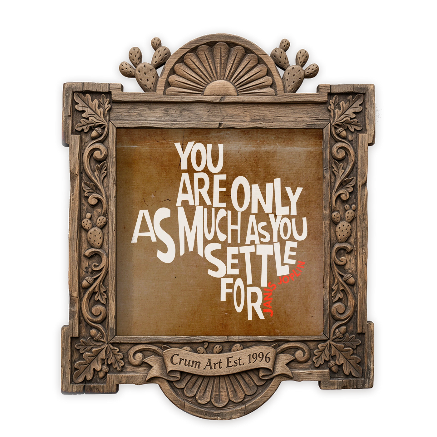 Music Wall Art | Janis Joplin Settle Quote | Betsy Crum — Brown — art print in a carved wood frame, Crum Art