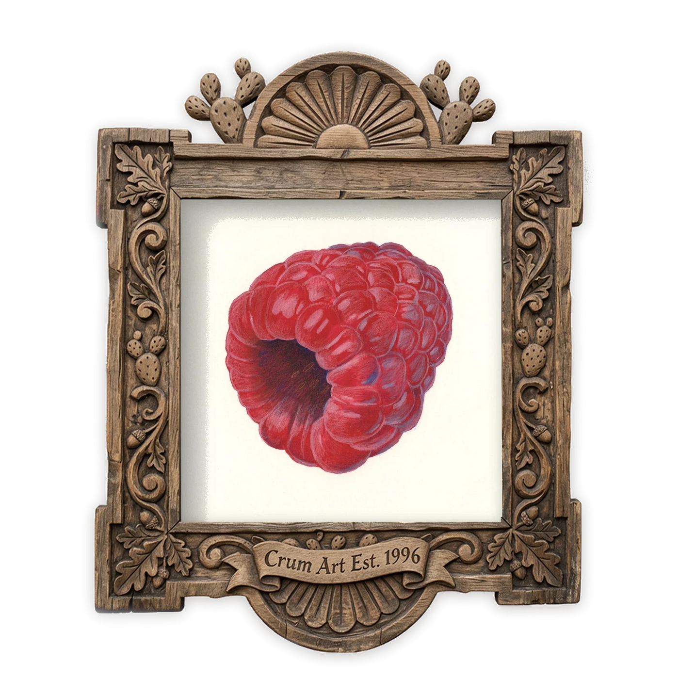 Raspberry Botanical — kitchen art print by Caya Crum in a square carved wood frame