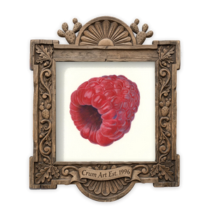 Raspberry Botanical — kitchen art print by Caya Crum in a square carved wood frame