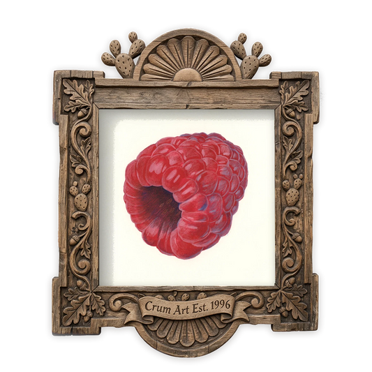 Raspberry Botanical — kitchen art print by Caya Crum in a square carved wood frame