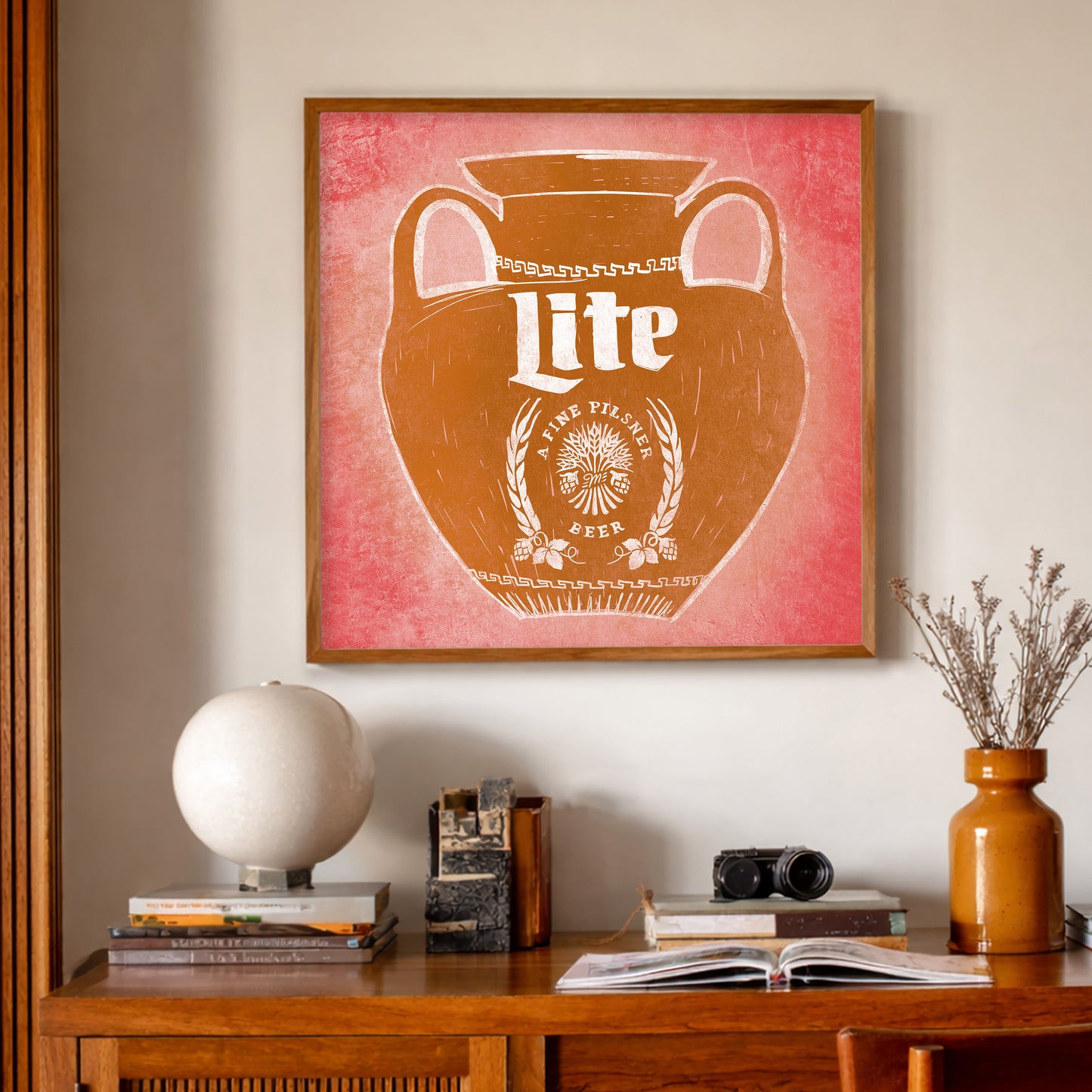 Kitschy Beer Decor Art Print by Betsy Crum, inspired by a Greco-Roman take on Lite beer iconography and the kind of playful statement art that belongs in kitchens, bars, and rooms that do not take themselves too seriously, available at crumart.com. This museum quality print is made right here in Texas.