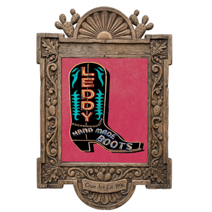 Leddy Boot Black & Pink — cowboy boot art print by Betsy Crum in a carved wood frame