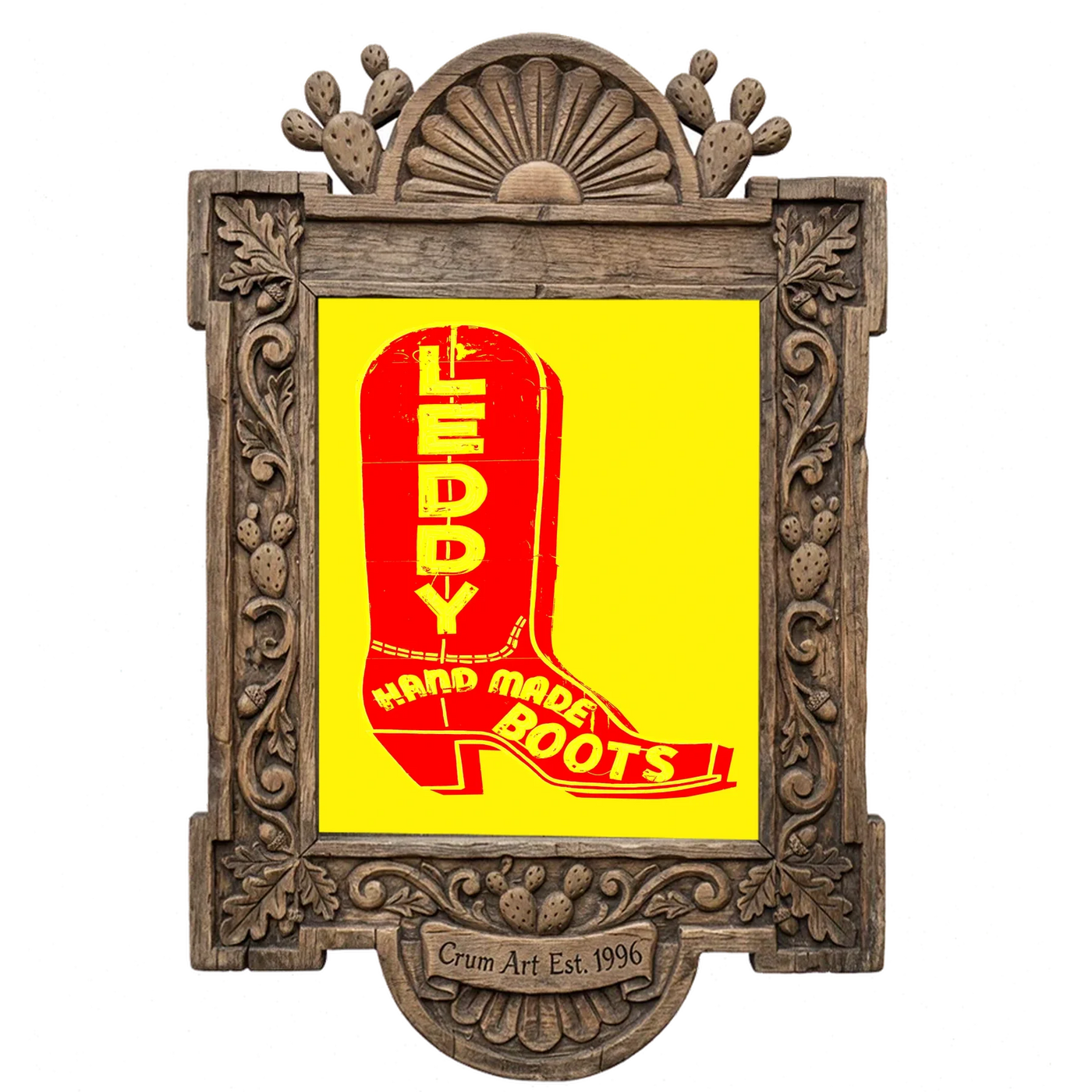 Leddy Boot Red and Yellow — art print in a carved wood frame, Crum Art