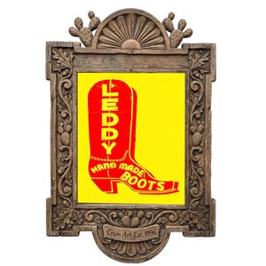 Leddy Boot Red & Yellow — cowboy boot art print by Betsy Crum in a carved wood frame