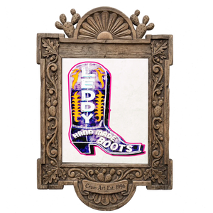 Leddy Boot White — cowboy boot art print by Betsy Crum in a carved wood frame