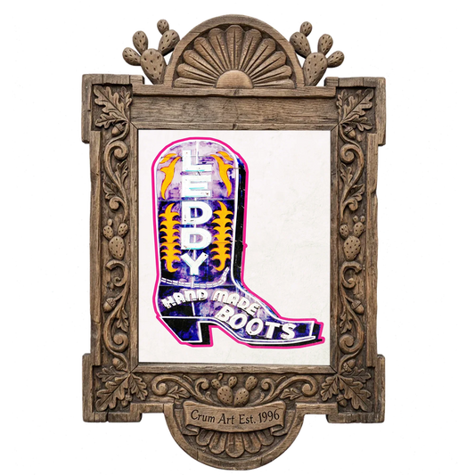 Leddy Boot White — cowboy boot art print by Betsy Crum in a carved wood frame