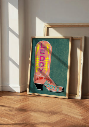 Leddy Boots Pink cowboy boot art print by Betsy Crum — neutral frame room mockup