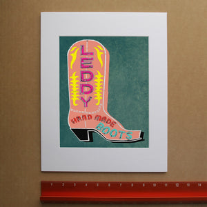 Pink Leddy cowboy boot art print by Betsy Crum, hand-signed vertical fine art print