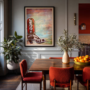 Leddy boot Stockyards print by Betsy Crum framed in a dining room