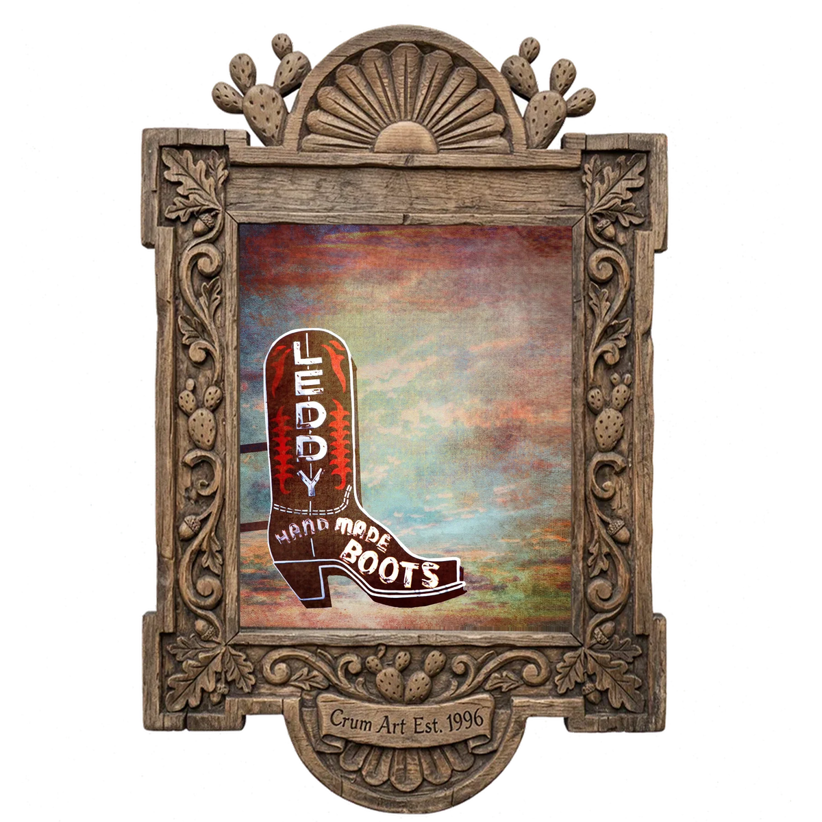 Leddy Boots Big Sky — cowboy boot art print by Betsy Crum in a carved wood frame
