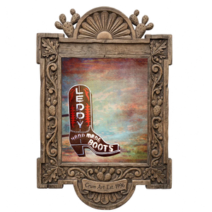 Leddy Boots Big Sky — cowboy boot art print by Betsy Crum in a carved wood frame