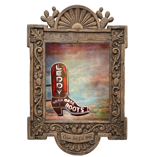 Leddy Boots Big Sky — cowboy boot art print by Betsy Crum in a carved wood frame