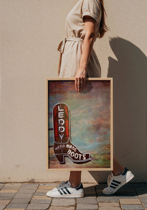 Leddy Boots Big Sky cowboy boot art print by Betsy Crum — framed with velvet mat