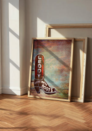 Leddy Boots Big Sky cowboy boot art print by Betsy Crum — neutral frame room mockup