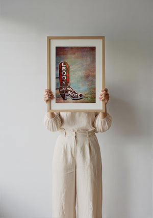 Leddy Boots Big Sky cowboy boot art print by Betsy Crum — framed with velvet mat