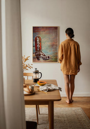 Leddy Boots Big Sky cowboy boot art print by Betsy Crum — framed with velvet mat