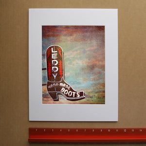 Leddy boot Stockyards print by Betsy Crum, hand-signed vertical print