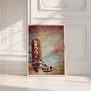 Leddy Boots Big Sky cowboy boot art print by Betsy Crum — neutral frame room mockup