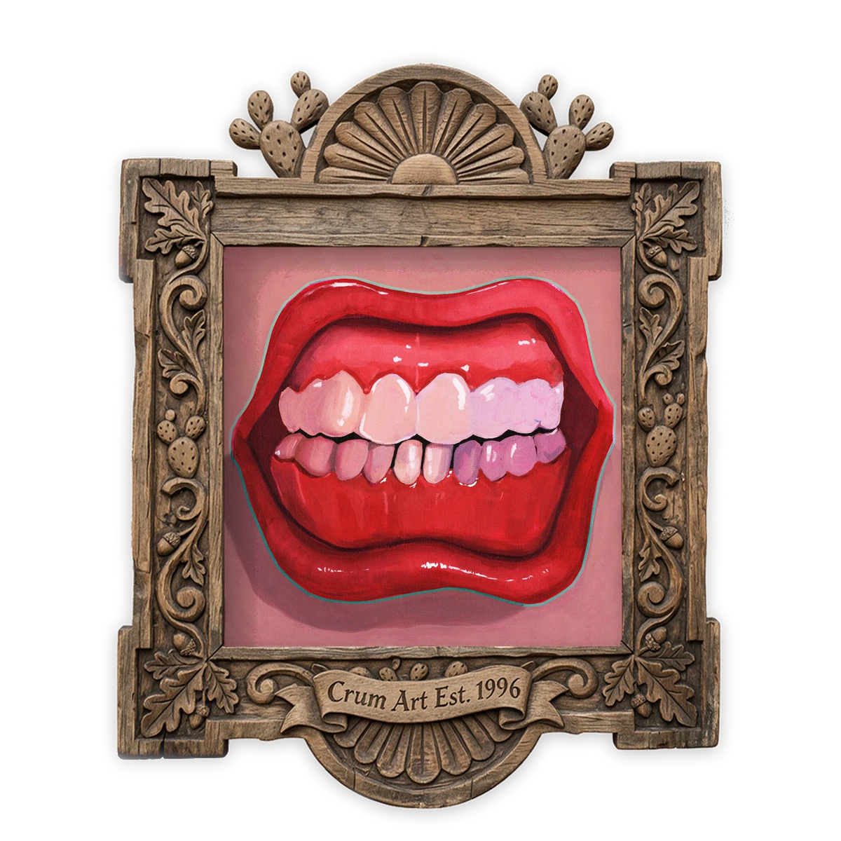Punk Teeth & Lips — pink wall art print by Caya Crum in a square carved wood frame