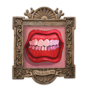 Punk Teeth & Lips — pink wall art print by Caya Crum in a square carved wood frame