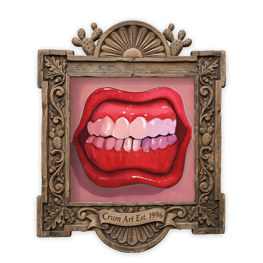 Punk Teeth & Lips — pink wall art print by Caya Crum in a square carved wood frame