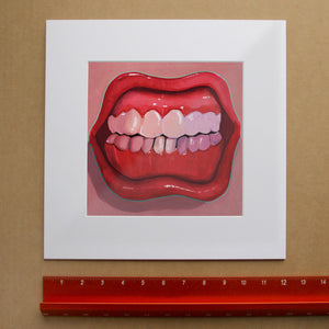 Lips Wall Art Pink Teeth Print by Caya Crum, inspired by a sharp-toothed grin, saturated pink color, and the kind of weirdcore art and glam statement decor that gives a powder room, dorm, or gallery wall real personality, available at crumart.com. This museum quality print is made right here in Texas.