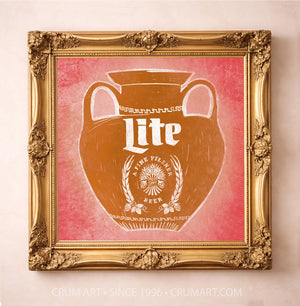 Miller Lite Amphora art print in a gold frame by Betsy Crum — square bar wall art from Crum Art, available at crumart.com. This museum quality print is made right here in Texas.