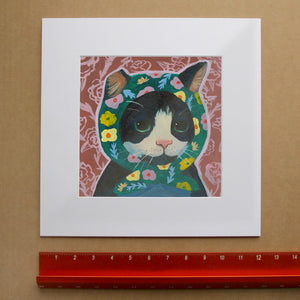 Little Mama Kitty cat wall art by Caya Crum, tuxedo cat in a floral headscarf, grandmillennial style, hand-signed fine art print