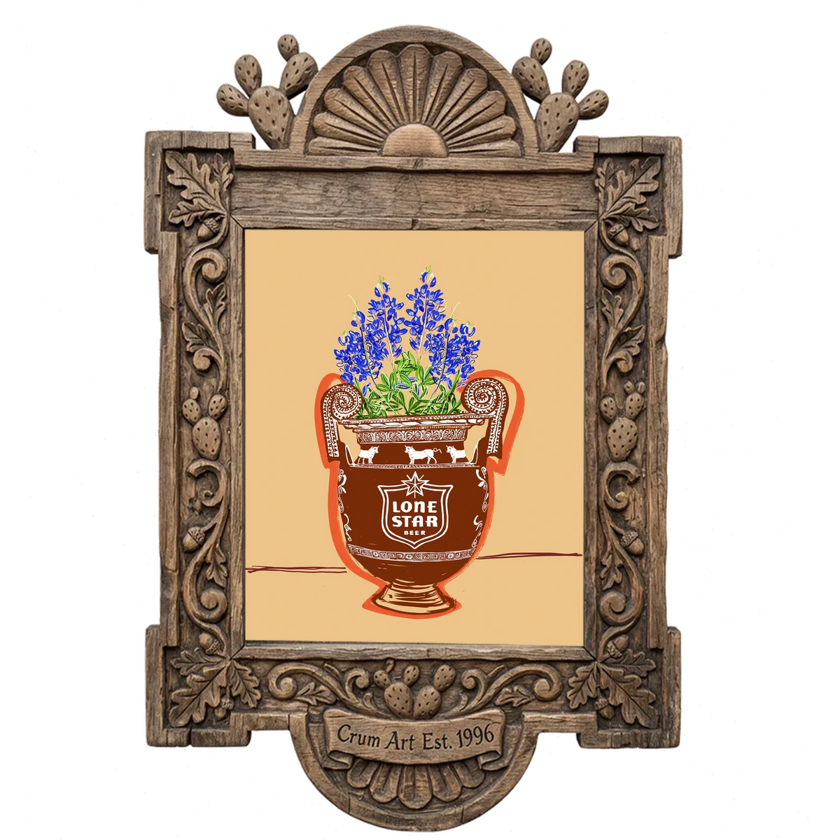 Lone Star Amphora — bluebonnet painting as an art print by Betsy Crum in a carved wood frame
