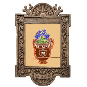 Lone Star Amphora — bluebonnet painting as an art print by Betsy Crum in a carved wood frame