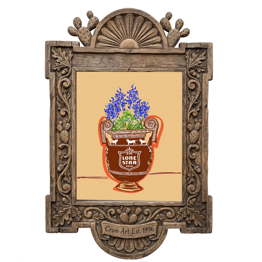 Lone Star Amphora — bluebonnet painting as an art print by Betsy Crum in a carved wood frame